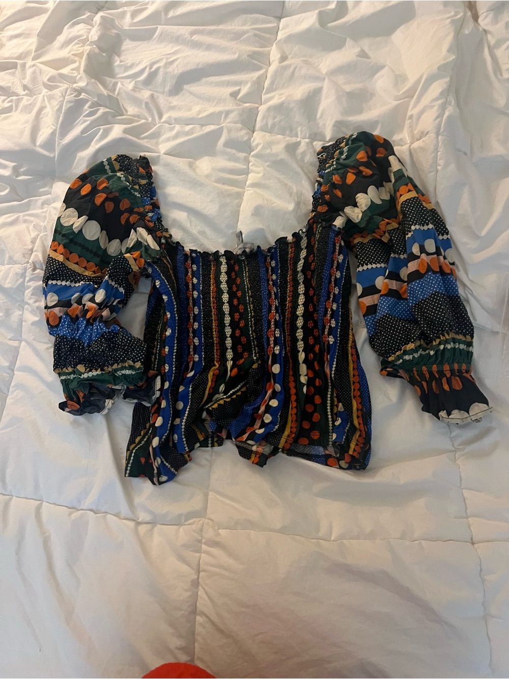 Anthropologie Multicolor Smocked off the shoulder Puff-Sleeve Blouse